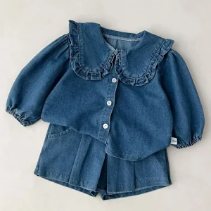 Autumn Toddler Outfit Sets Cute Girls Long Sleeve Denim Tops With Jeans Shorts Children's Clothing For Kids Casual Daily Wear