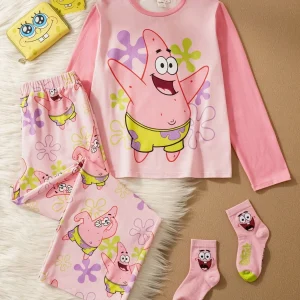 SpongeBob SquarePants Tween Girl Cartoon Pattern Cute & Comfortable Long Sleeve T-Shirt And Pants Pajama Set
