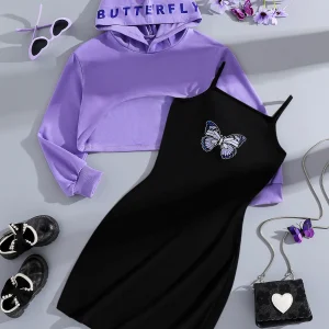Spring and autumn children's wear girls fashion outdoor casual purple hooded sweatshirt + butterfly print black vest dress set