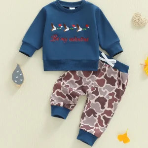 Toddler Boy Valentine’s Day Set Long Sleeve Bear Embroidery Hoodie Jogger Pants Outfit Kids Clothing Winter Wear