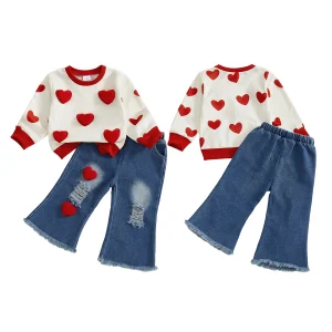 Girls Valentine s Day Heart Print Long Sleeve Sweatshirt and Distressed Denim Jeans 2-Piece Spring Outfit Set