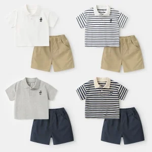 Boys' short sleeved suit New children's minimalist polo shirt+matching shorts two-piece set Fashionable clothing for baby boys