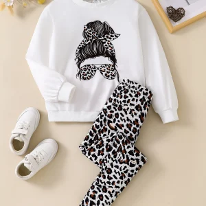 Children's clothing, girls' autumn fashion two-piece set, white round neck cartoon printed long sleeved+leopard print slim pants