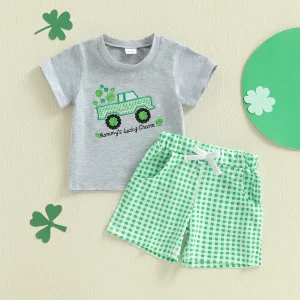 Boys St Patrick s Day Outfit Set with Short Sleeve Truck Embroidery Top and Plaid Shorts for Irish Celebration